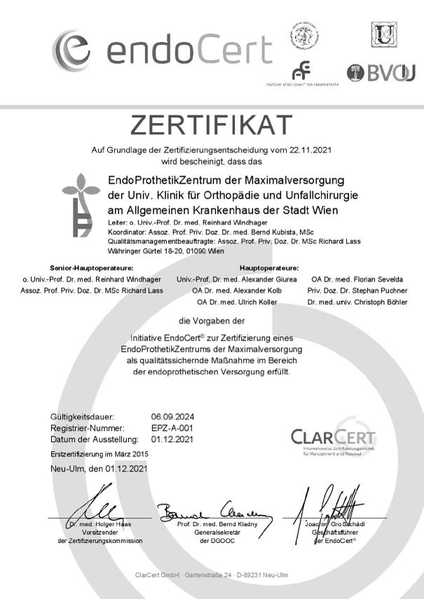 Zertifizierung Hüft- und Knieendoprothetik OA Priv.-Doz. Dr. Alexander Kolb